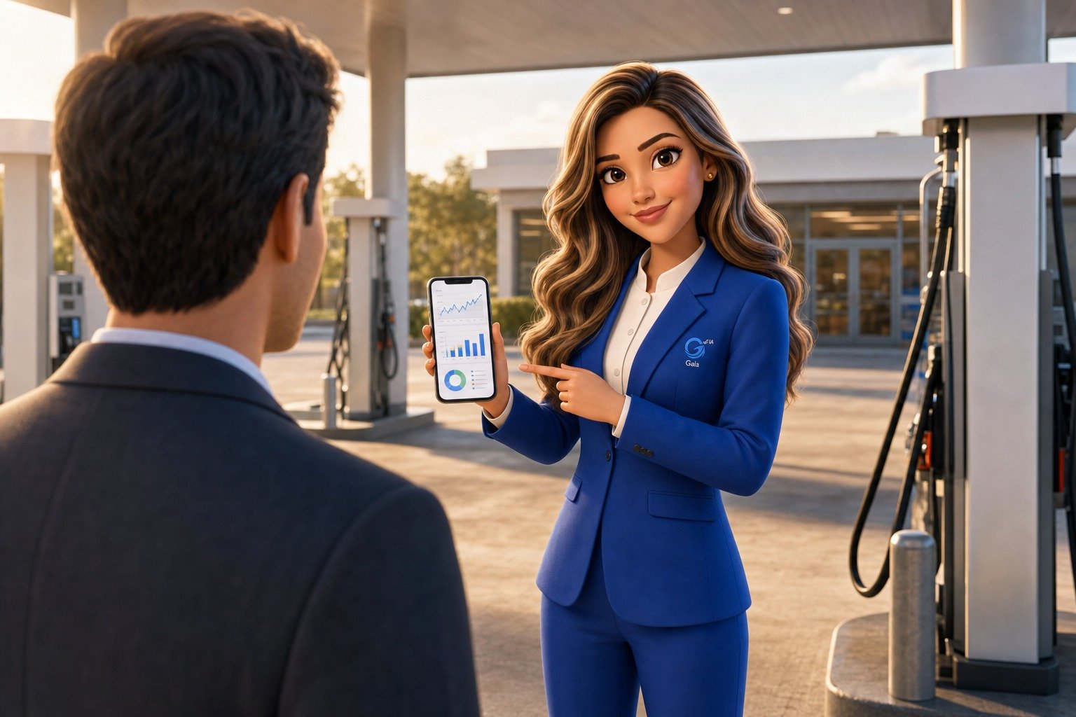 A Gaia na pista de um posto, de manhã, mostrando o resumo do dia no celular a um empresário visto de costas