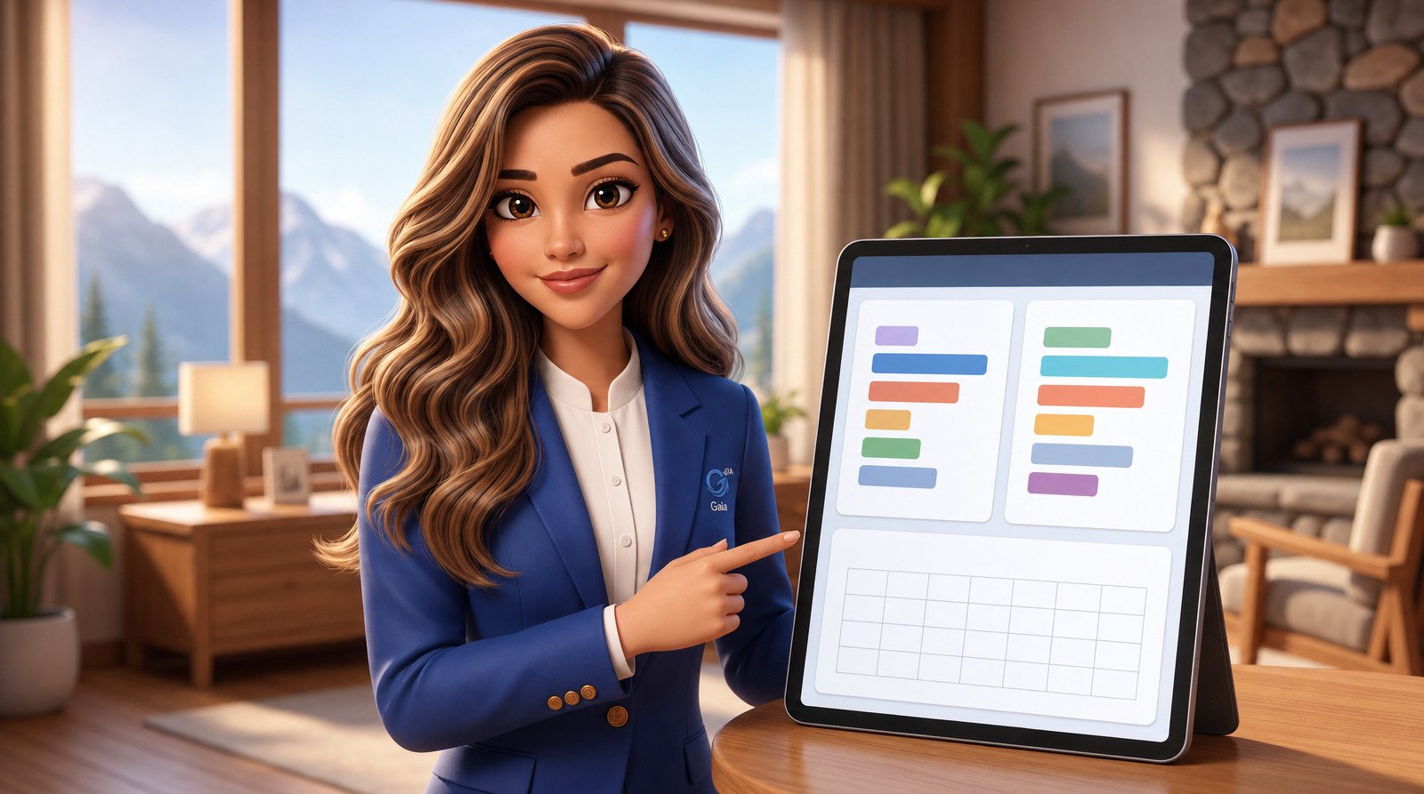 A Gaia apontando para um tablet com um painel de duas colunas e um calendário